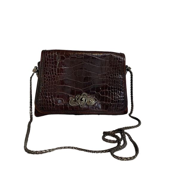 Vtg BRIGHTON Crossbody Mini Purse Handbag Croc Embossed Brown Leather - Picture 1 of 9